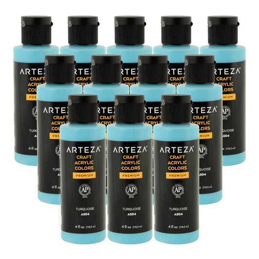 12 bottles of turquoise acrylic paint on a white background