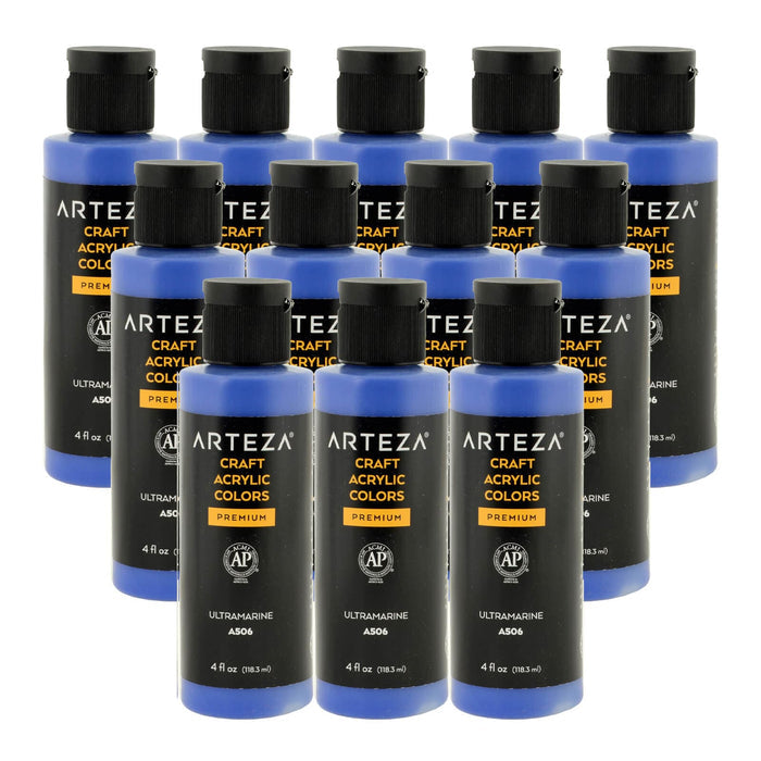 12 bottles of ultramarine blue acrylic paint on a white background