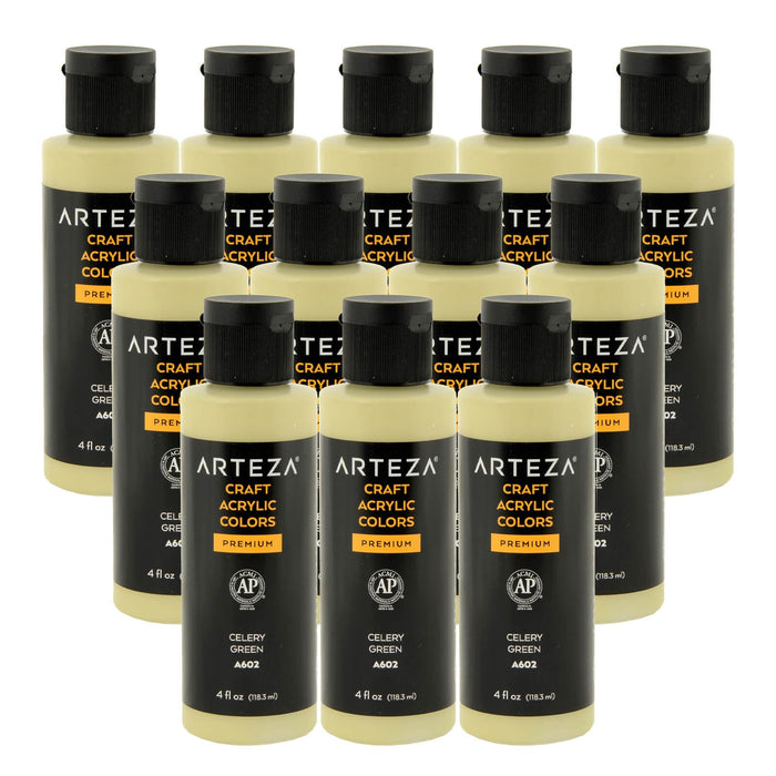 12 bottles of light green acrylic paint on a white background