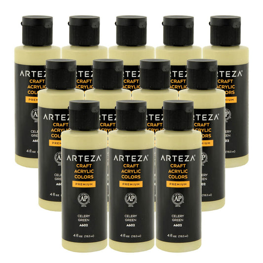 12 bottles of light green acrylic paint on a white background