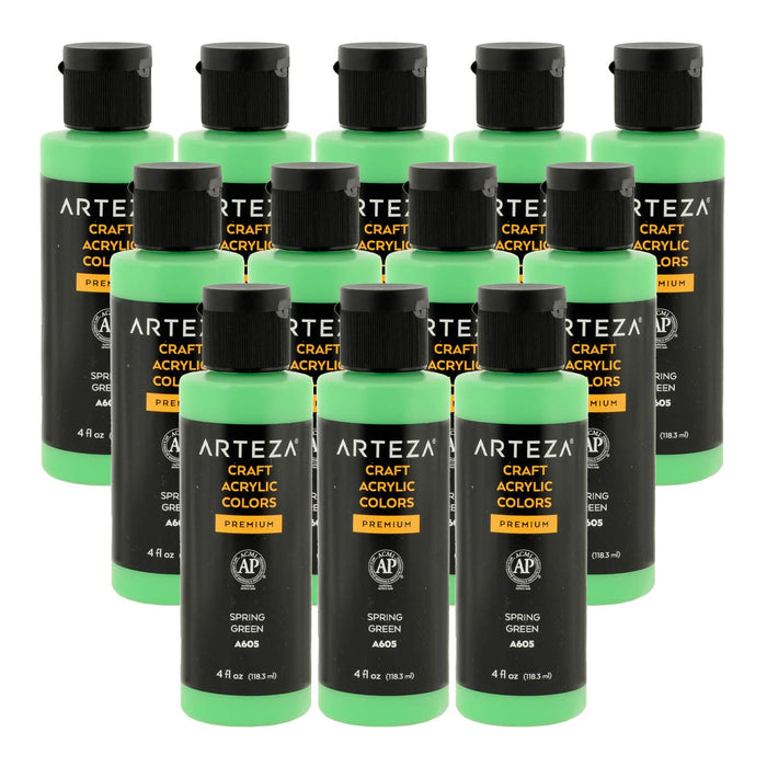 12 bottles of bright green acrylic paint on a white background