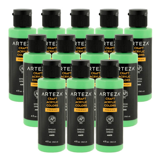 12 bottles of bright green acrylic paint on a white background