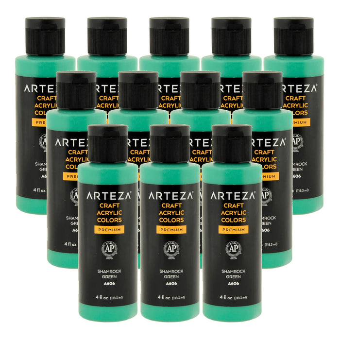 12 bottles of shamrock green acrylic paint on a white background