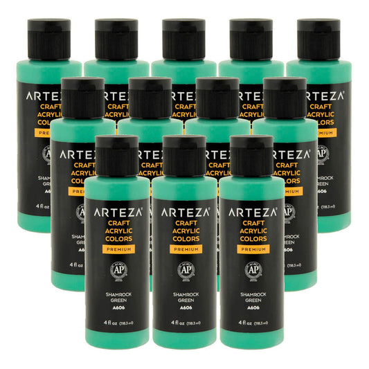 12 bottles of shamrock green acrylic paint on a white background