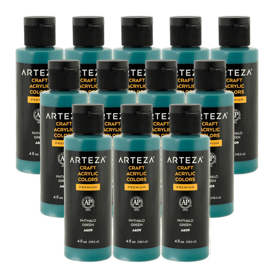 12 bottles of Phthalo Green acrylic paint on a white background