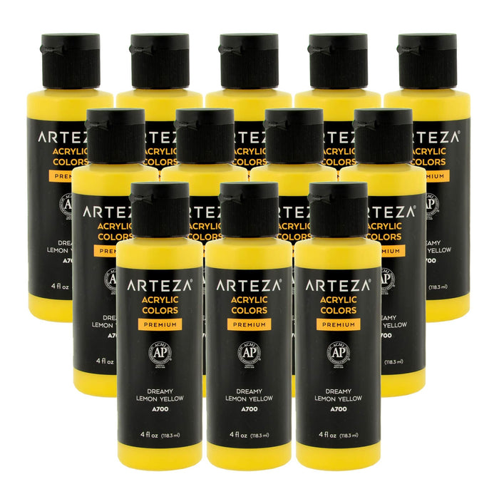 12 bottles of Lemn yellow acrylic paint on a white background