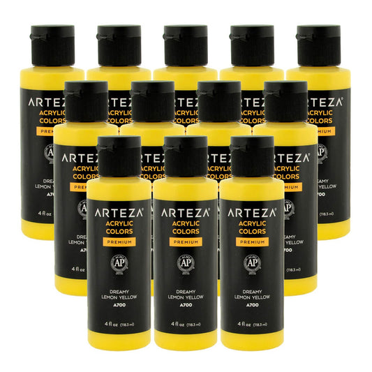 12 bottles of Lemn yellow acrylic paint on a white background