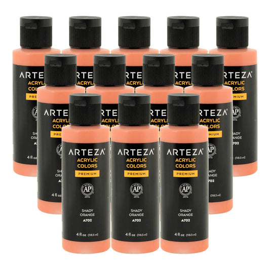 12 bottles of Shady Orange acrylic paint on a white background