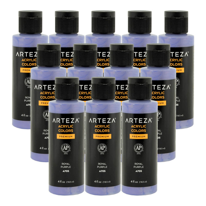12 bottles of royal purple colour acrylic paint on a white background