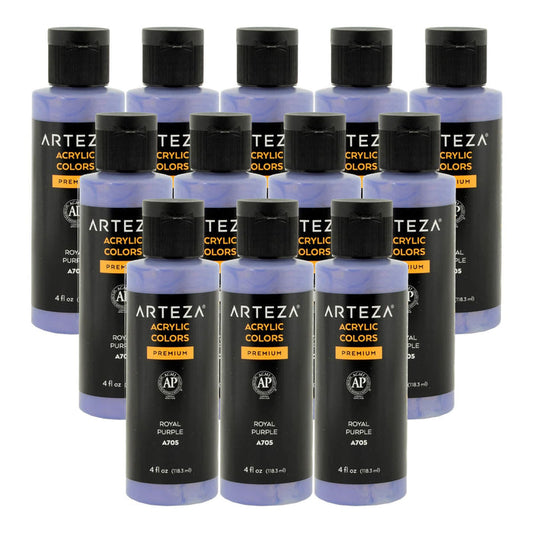 12 bottles of royal purple colour acrylic paint on a white background
