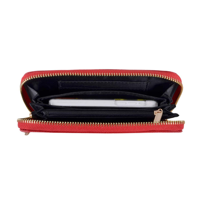 Red purse with gold zip open to show a small smartphone inside on a white background