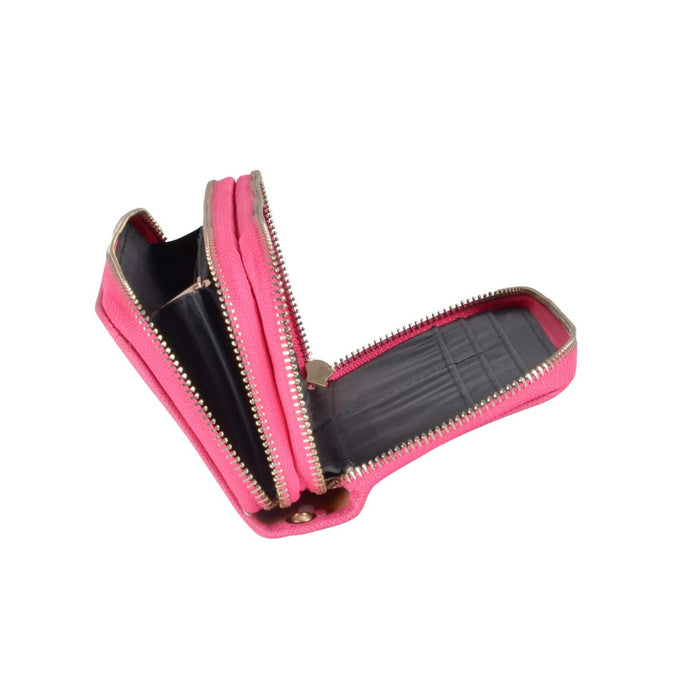 Pink purse with a black interior on a white background