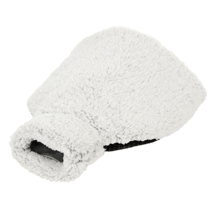 Hot water bottle with grey sherpa fleece cover on a white background