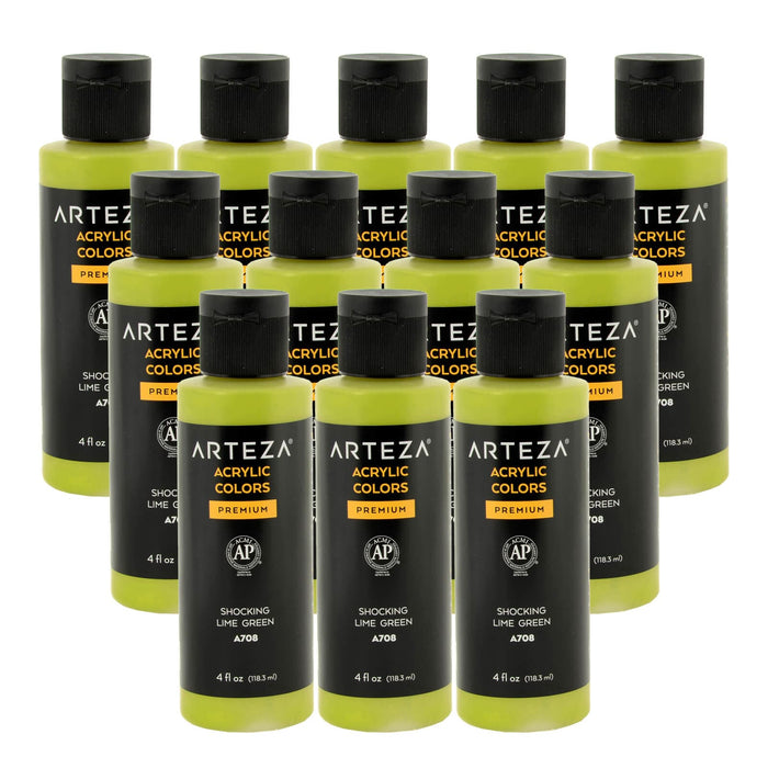 12 bottles of Shocking Lime Green acrylic paint on a white background