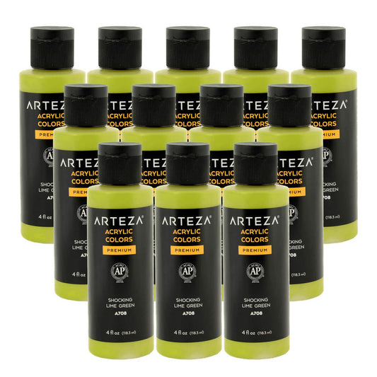 12 bottles of Shocking Lime Green acrylic paint on a white background