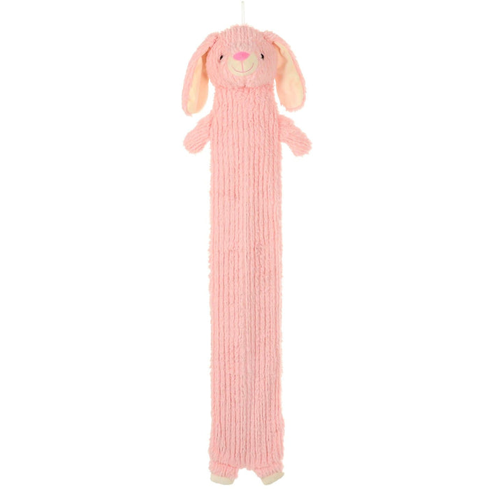 Long plush pink rabbit hot water bottle on a white background