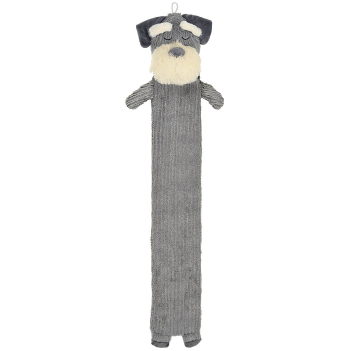 Long plush grey dog hot water bottle on a white background