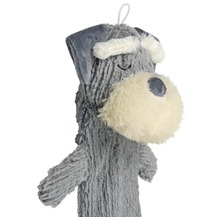 grey and white plush dog hot water bottle on a white background