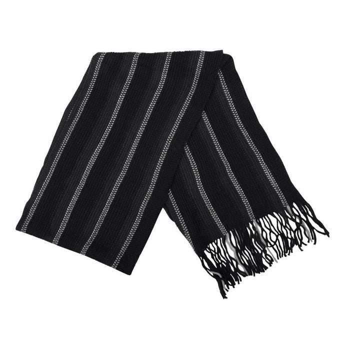 mens knitted scarf with black base and white stripe and fringe edges