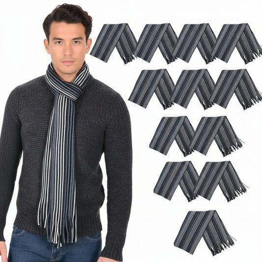 Man wearing a striped scarf with multiple images of the same scarf displayed above him.