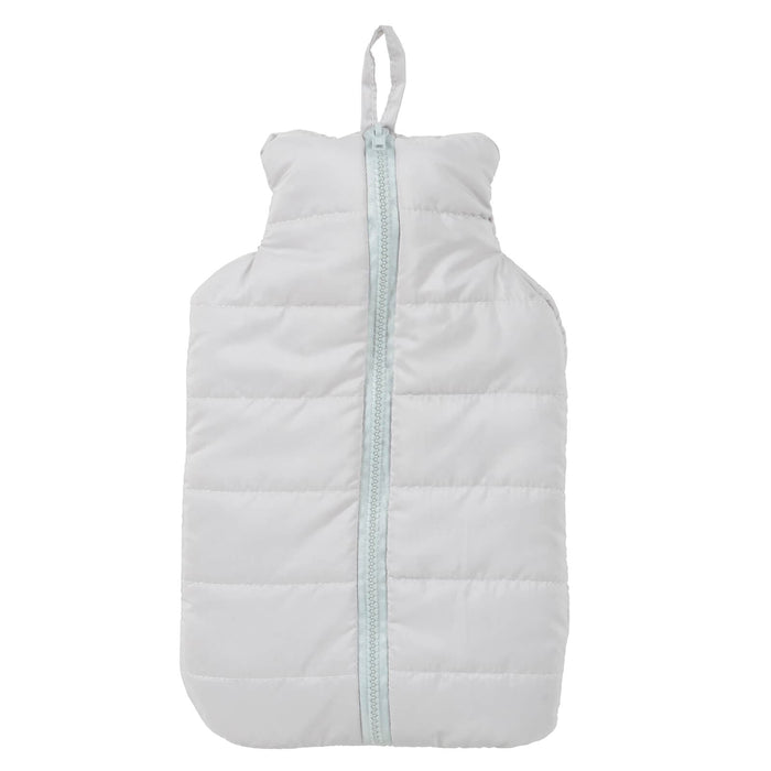 Light grey puffer jacket style cover hot water bottle on a white background