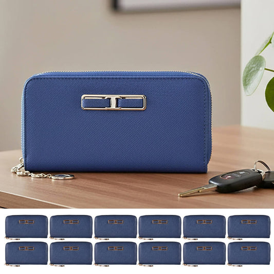 Blue purse with a gold clasp on a wooden surface, with car keys beside it.