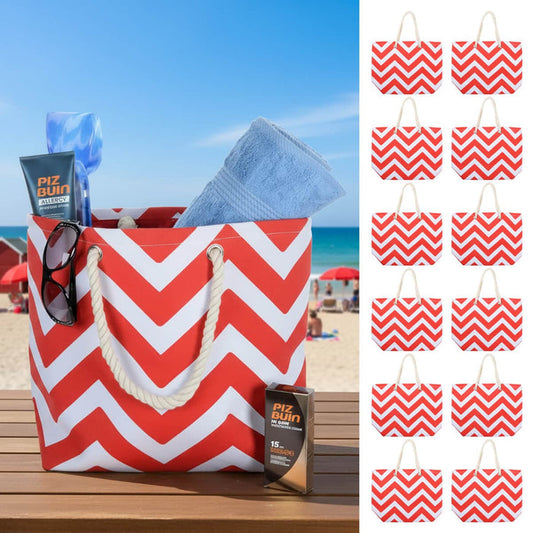 Red and white chevron beach bag on a table at the beach