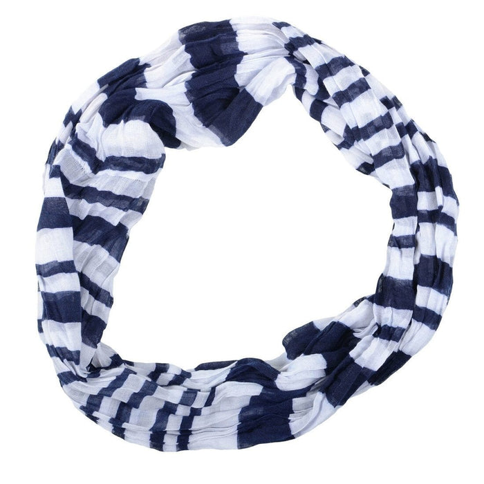 blue and white stripe infinity scarf on white background flat lay