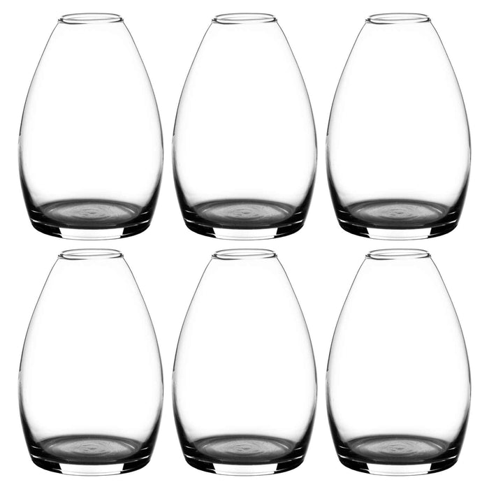 Set of six clear glass flower vases on a white background
