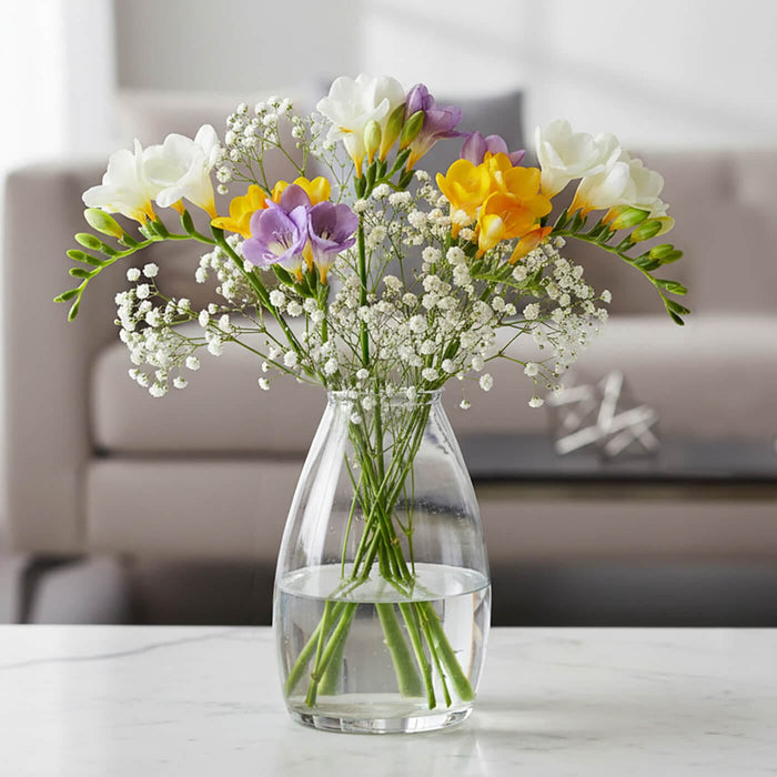 Small clear glass flower vase with freesias and gypsophila on a marble table with grey sofa background
