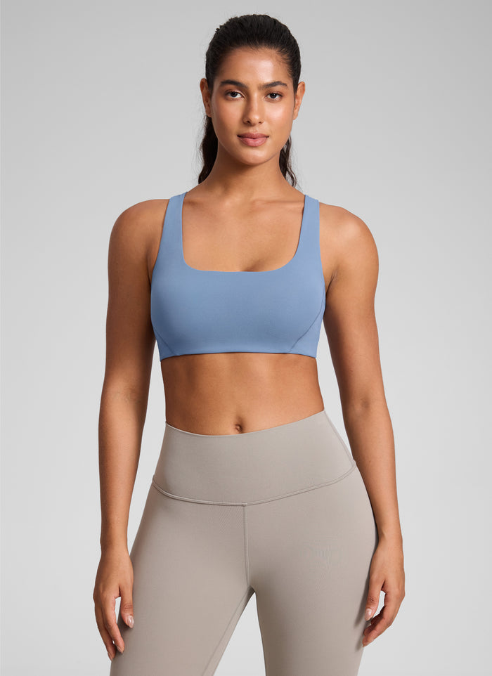 CRZ YOGA Womens Butterlift Double Lined Square Neck Yoga Sports Bra Washed Denim