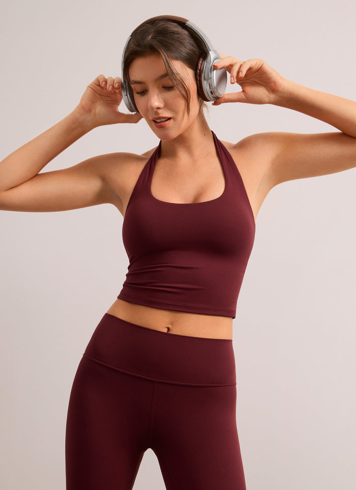 CRZ YOGA Womens Butterluxe Halter Longline Sports Bra Crop Tank Tops Red Merlot