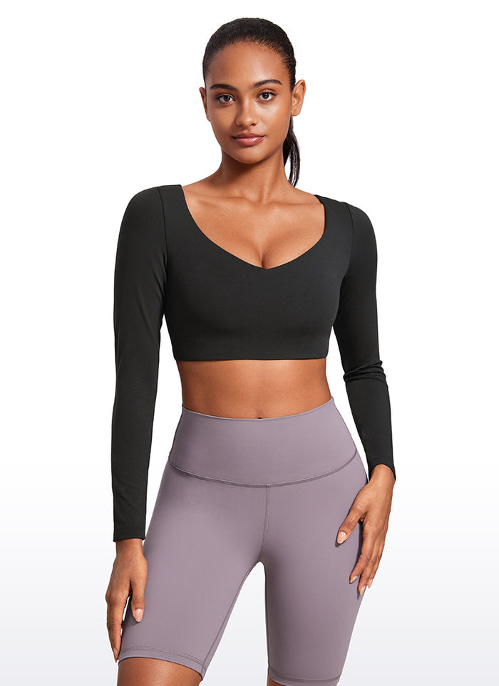 CRZ YOGA Women's Butterluxe Double Lined Long Sleeve V Neck Cropped Black