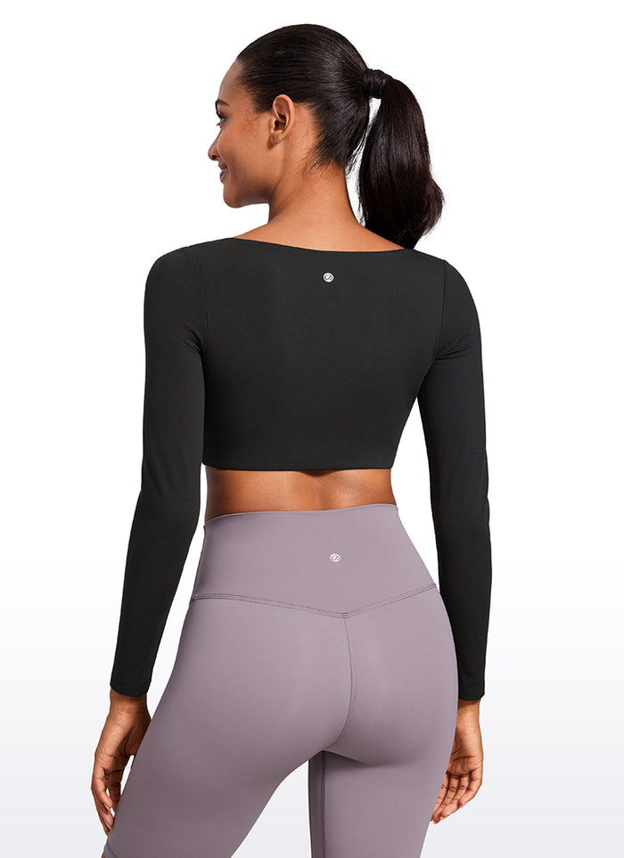 CRZ YOGA Women's Butterluxe Double Lined Long Sleeve V Neck Cropped Black