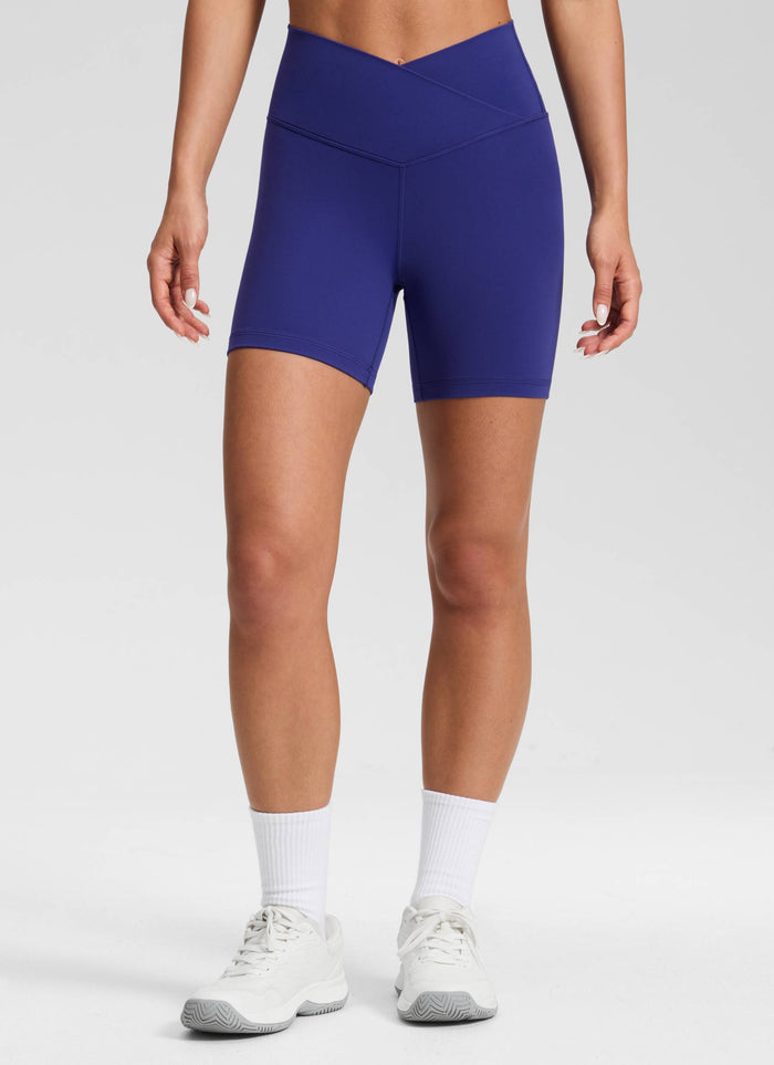 CRZ YOGA Women's High Rise Butterluxe V Cross Waist Biker Shorts 5'' Larkspur Blue