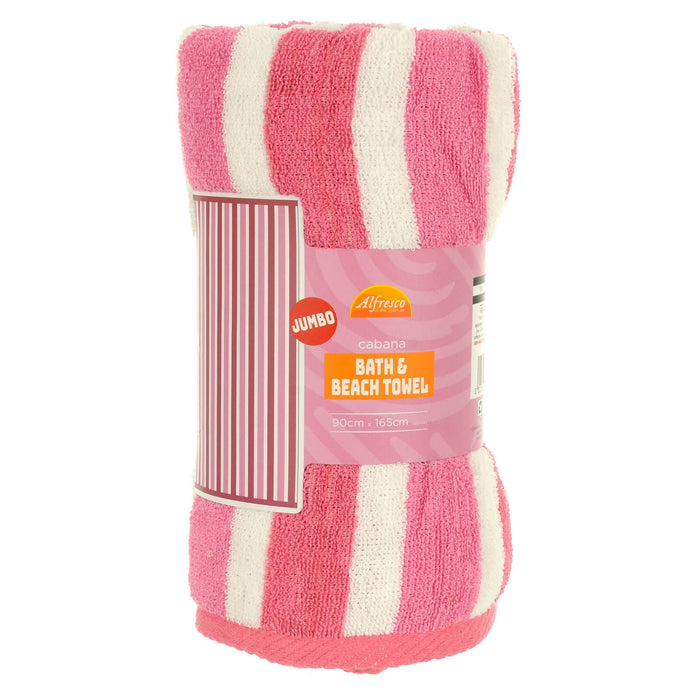 Pink and white striped jumbo beach towel rolled up in packaging