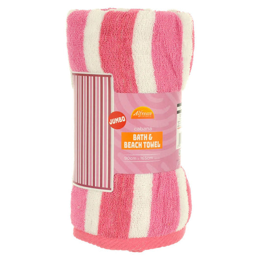 Pink and white striped jumbo beach towel rolled up in packaging