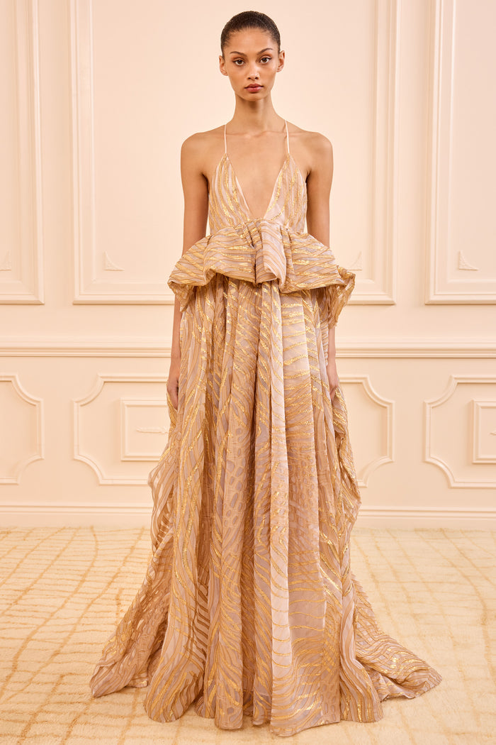 Gold Lurex Fil Coupé Camelia Gown - Full Front View | Ulla Johnson