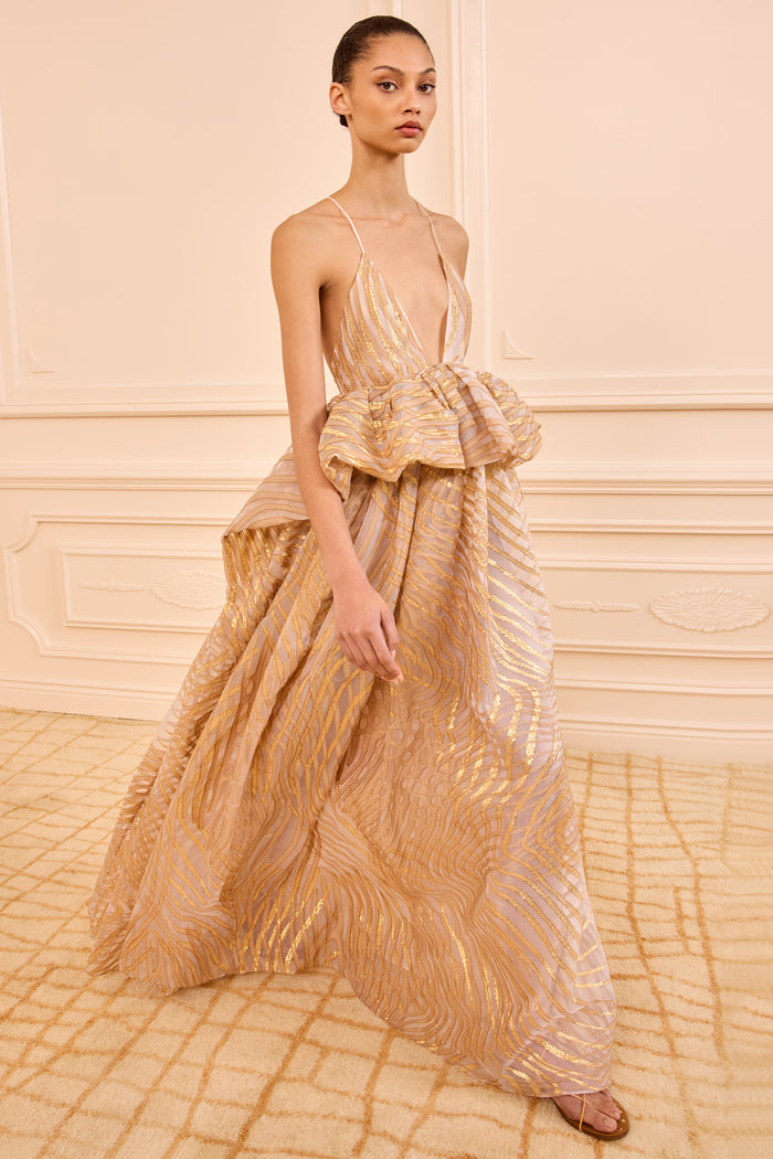 Gold Lurex Camelia Gown - Side View, Billowing Skirt | Ulla Johnson