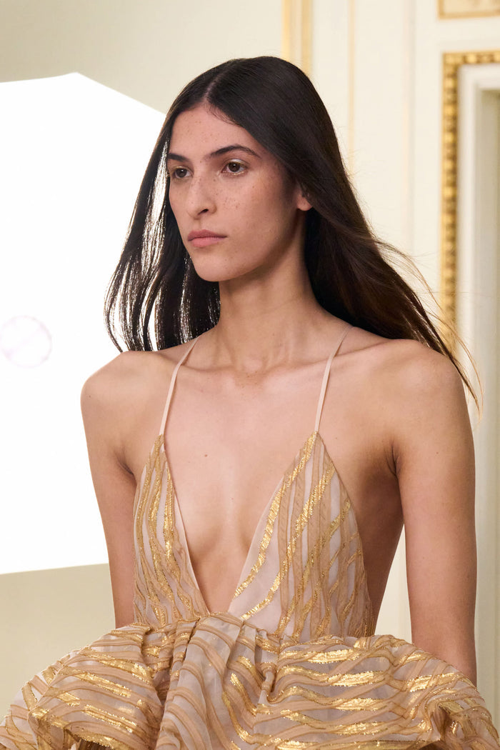 Gold Lurex Camelia Gown - Deep V-Neckline Close-Up, SS26 Runway | Ulla Johnson