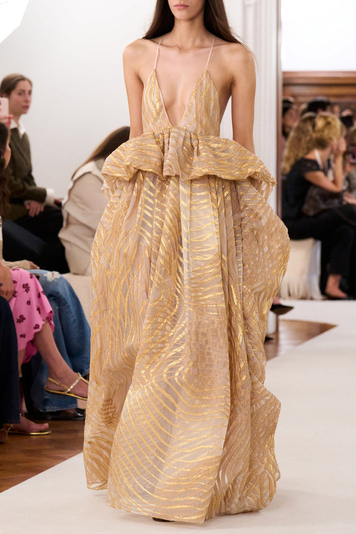 Gold Lurex Fil Coupé Camelia Gown - SS26 Runway, Luxury Designer Gown | Ulla Johnson