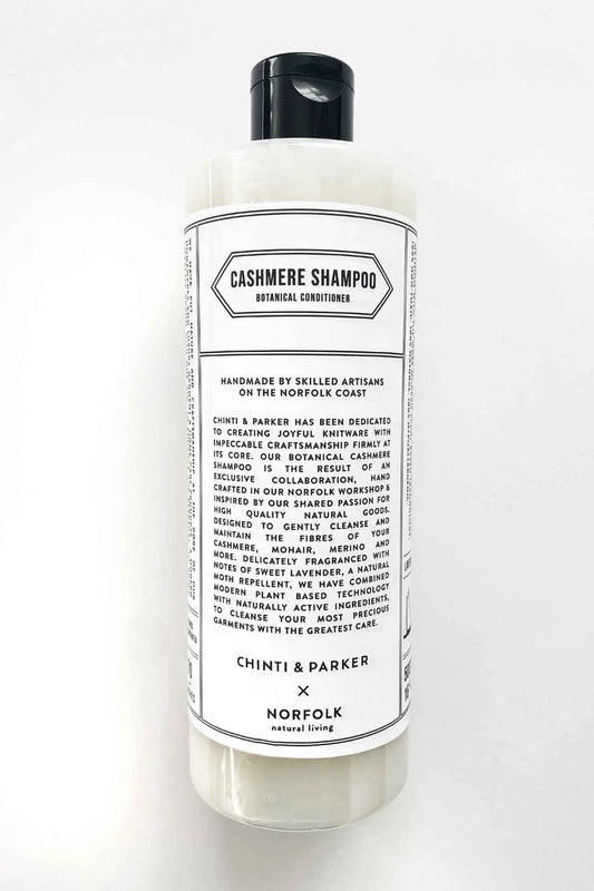 Bottle of Cashmere Shampoo by Chinti & Parker on a white background