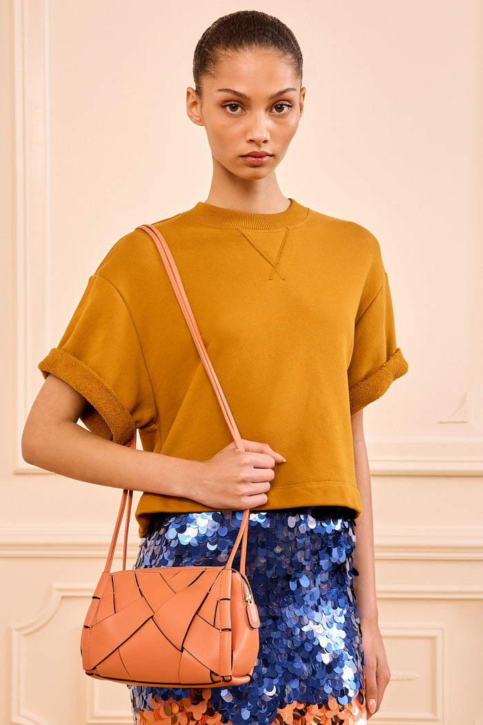 Rose Leather Charlotte Camera Bag Worn Crossbody On Model - Styled Look | Ulla Johnson
