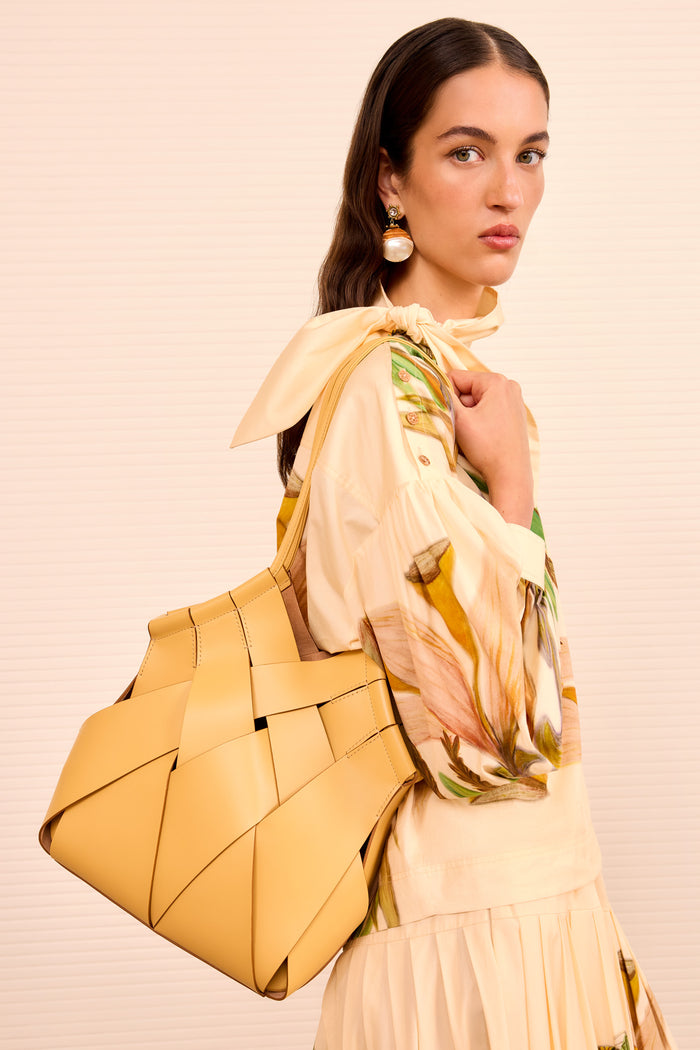 Model Wearing Lotus Yellow Charlotte Shoulder Bag - On Model | Ulla Johnson