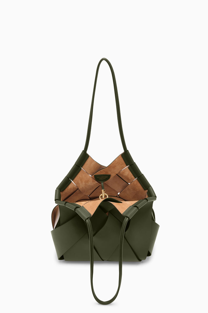 Militaire Green Charlotte Bag Open View with Brown Leather Interior | Ulla Johnson
