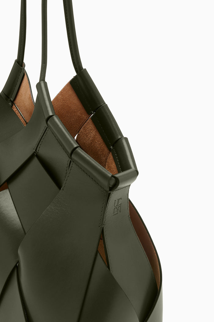 Militaire Green Leather Charlotte Bag - Handle and Weaving Detail | Ulla Johnson