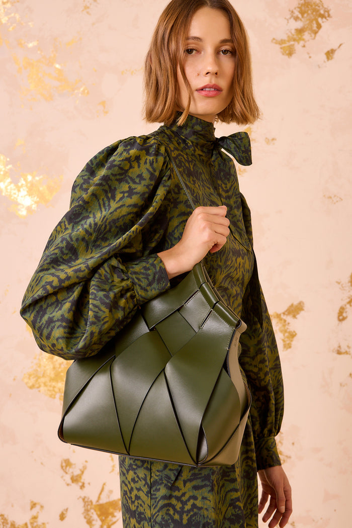 Militaire Green Artisanal Charlotte Handbag on Model - Close Up | Ulla Johnson