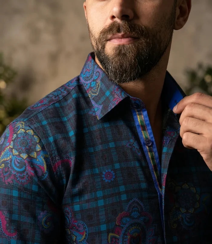 Check Paisley Print Men's Shirt with Matching Handkerchief