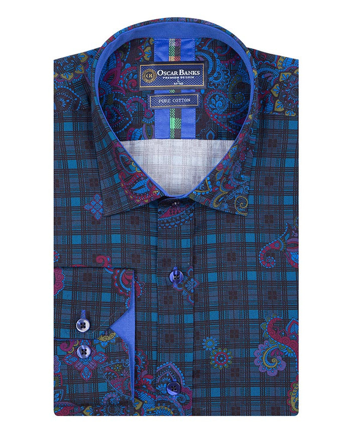 Check Paisley Print Men's Shirt with Matching Handkerchief-Makrom