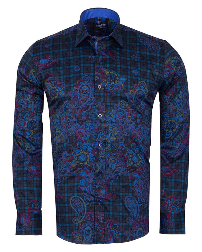 Check Paisley Print Men's Shirt with Matching Handkerchief-Makrom